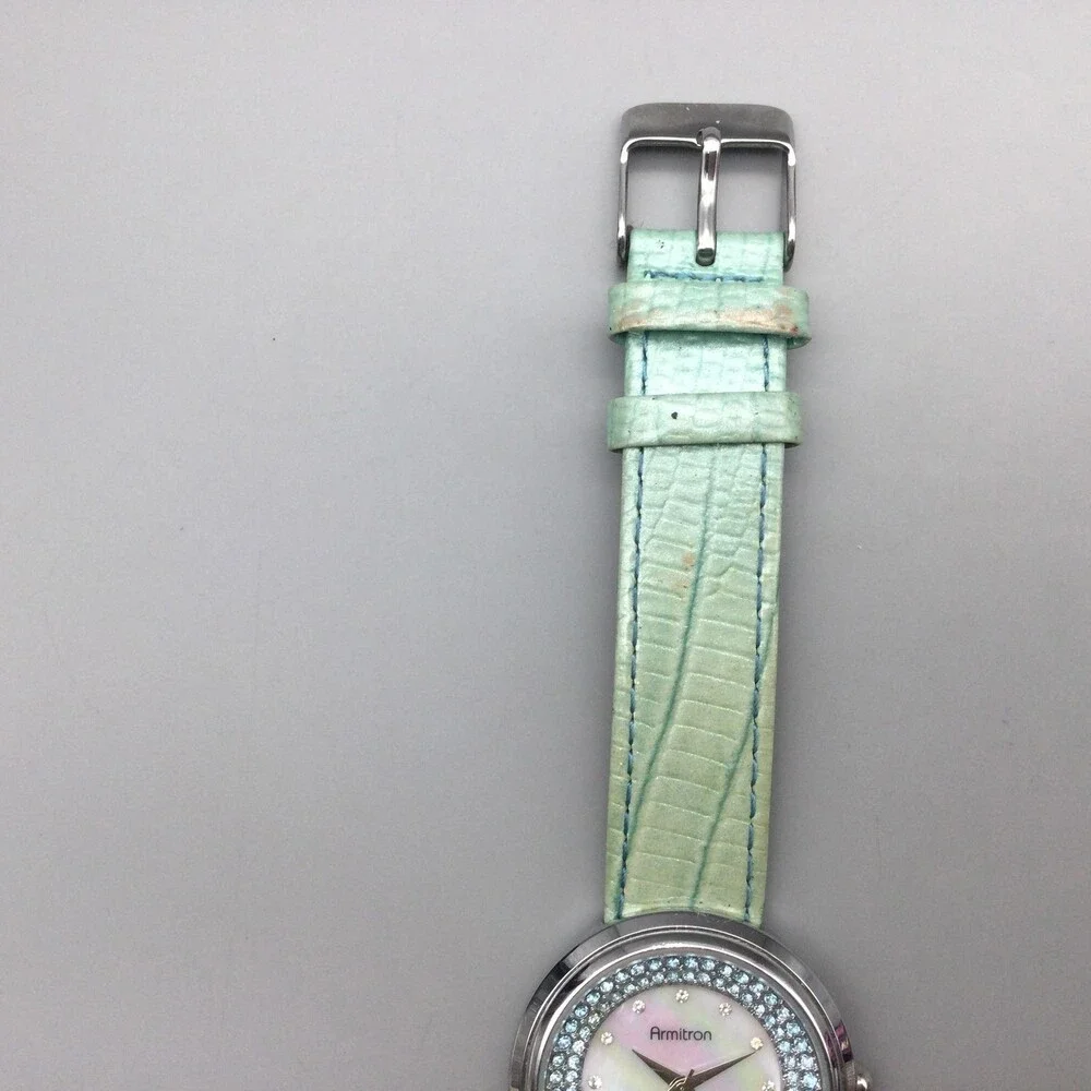 Armitron Womens Watch 35mm MOP Dial Green Leather Crystal Bezel New Battery